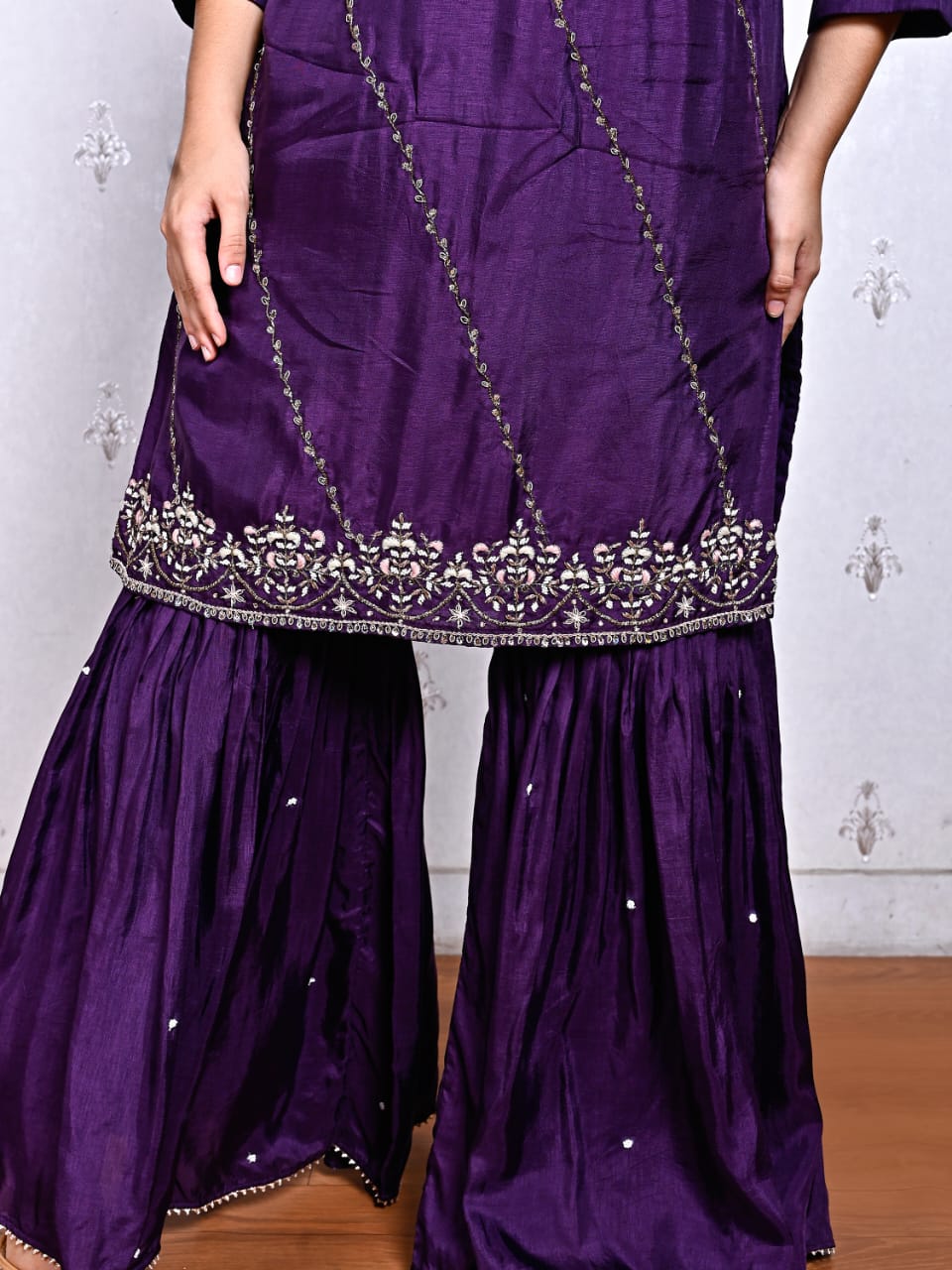 Purple Maheshwari Silk Sharara Set with Organza Dupatta