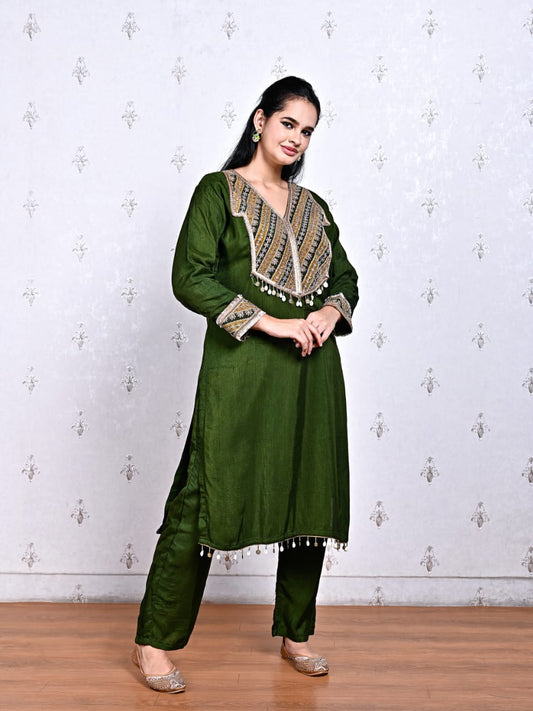 Green Cotton Silk Suit with Sequin Work & Matching Pants