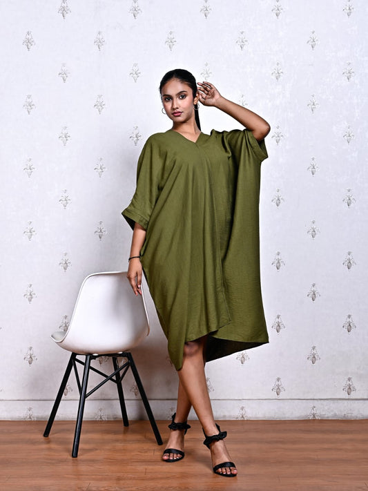 Olive Green Kaftan Dress in Blended Cotton