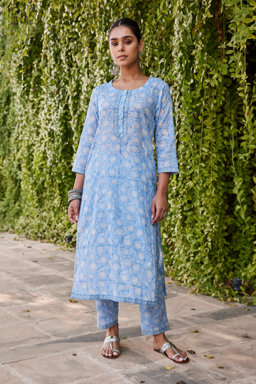 Light Blue Floral Hand Block Print Straight Kurta