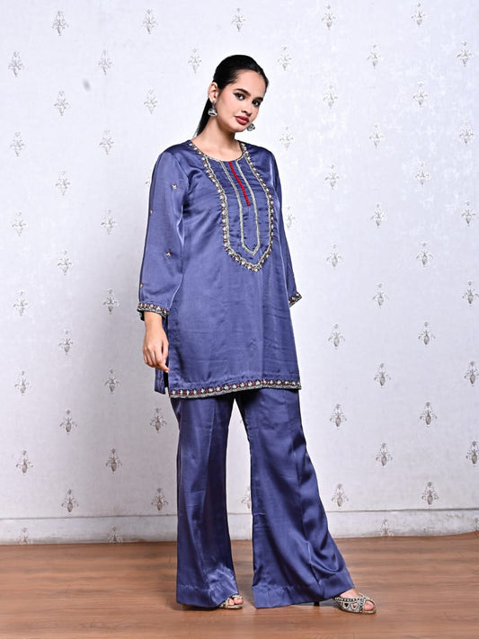 Blue Fusion Silk Kurta Set with Hand Embroidery and Red Potli
