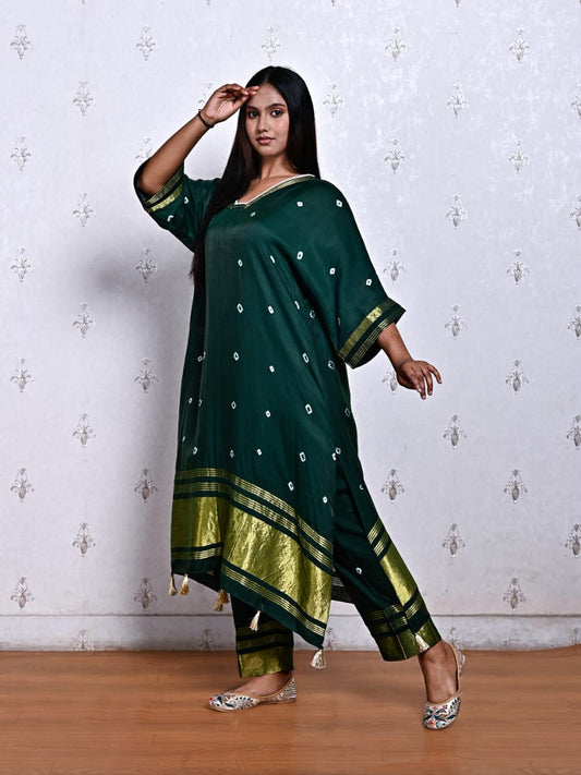 Green Cotton Silk Bandhani Kurti with Pearl Neck Work & Pants