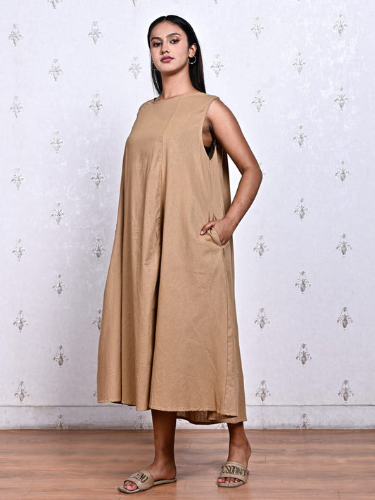 Beige Sleeveless Flared Dress in Pure Cotton