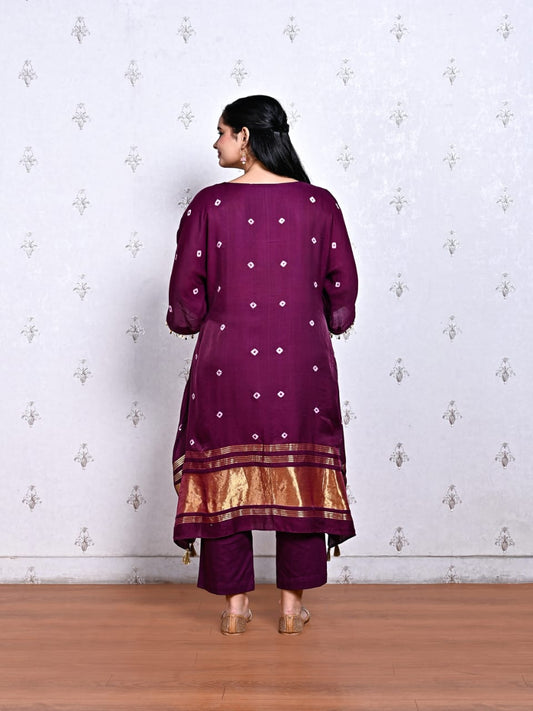 Purple Cotton Silk Bandhani Kurti with Pearl Neck Work & Pants