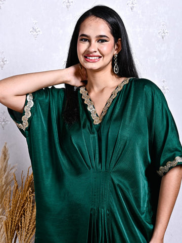 Emerald Green Dola Silk Kaftaan Style Gown with Embroidered Lace