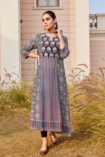 Hand Block Ajrakh Print Long A-Line Kurta