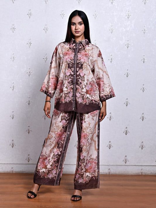 Women’s Cotton Linen Printed Co-ord Set – Floral Brown & Pink