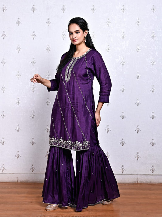 Purple Maheshwari Silk Sharara Set with Organza Dupatta