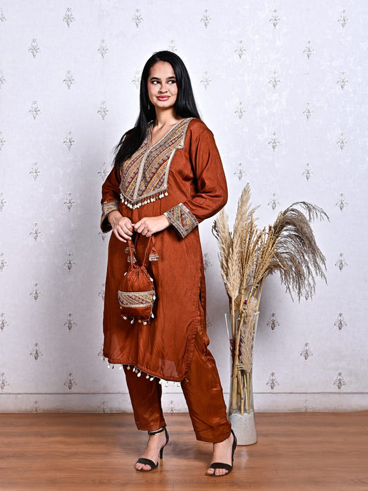 Rust Cotton Silk Suit with Handcrafted Potli & Sequin Work