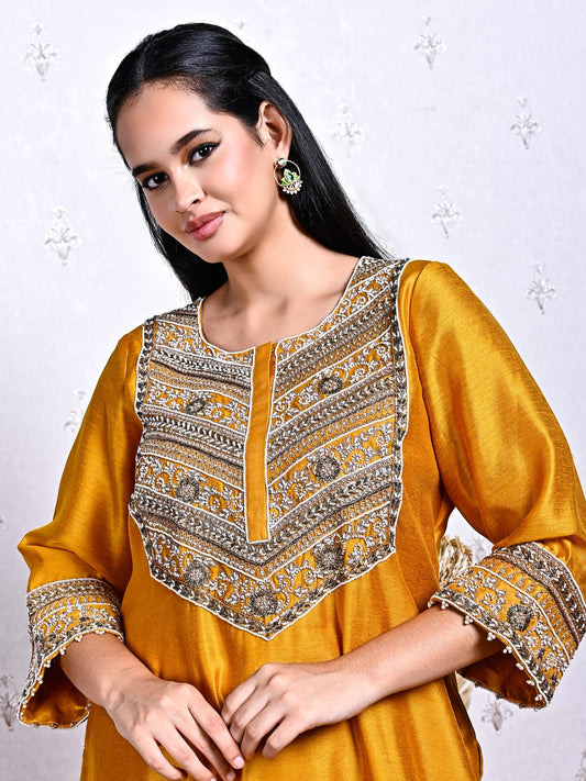 Mustard Monga Silk Embroidered Kurta Set with Handwork Detailing