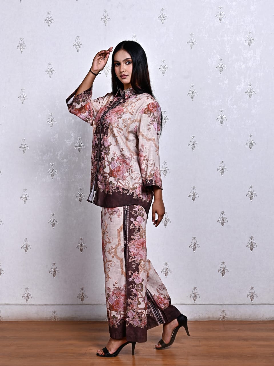 Women’s Cotton Linen Printed Co-ord Set – Floral Brown & Pink