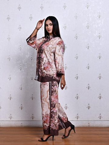 Women’s Cotton Linen Printed Co-ord Set – Floral Brown & Pink