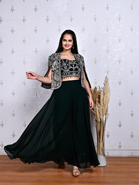 Black Georgette Sharara Set with Embellished Cape – Mirror & Thread Work