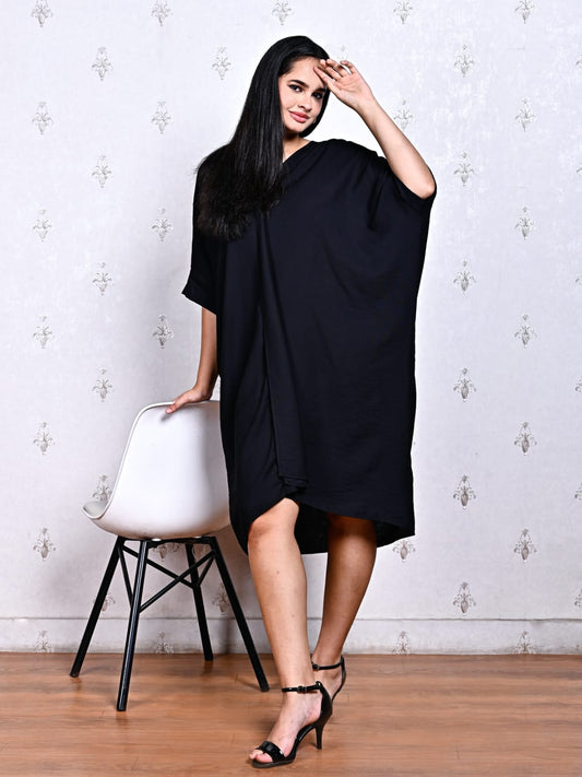 Classic Black V-Neck Kaftan Dress in Blended Cotton