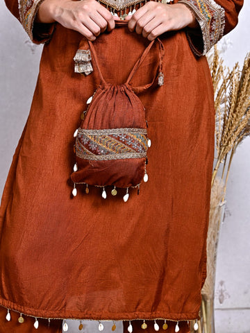Rust Cotton Silk Suit with Handcrafted Potli & Sequin Work