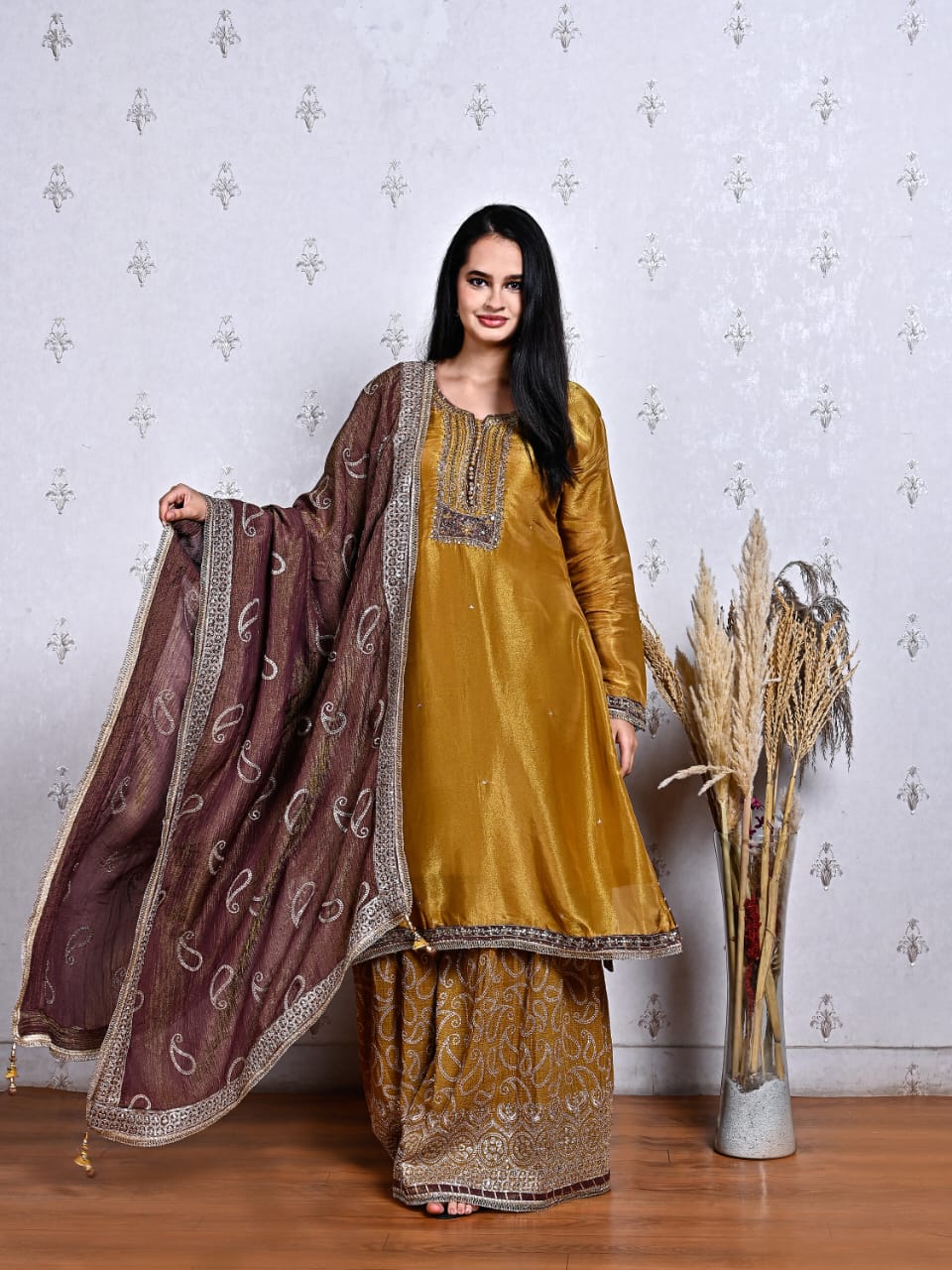Golden Mustard Tissue Shimmer Sharara Set with Maroon Dupatta