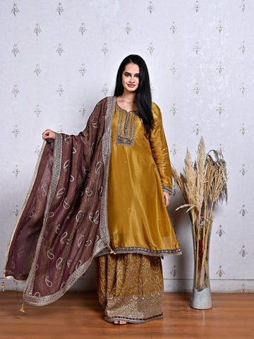 Golden Mustard Tissue Shimmer Sharara Set with Maroon Dupatta