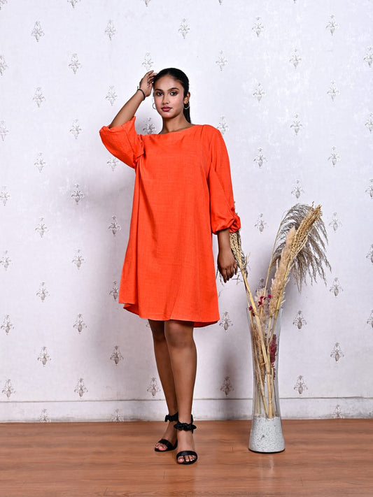 Bright Orange Balloon Sleeve Dress in Blended Cotton