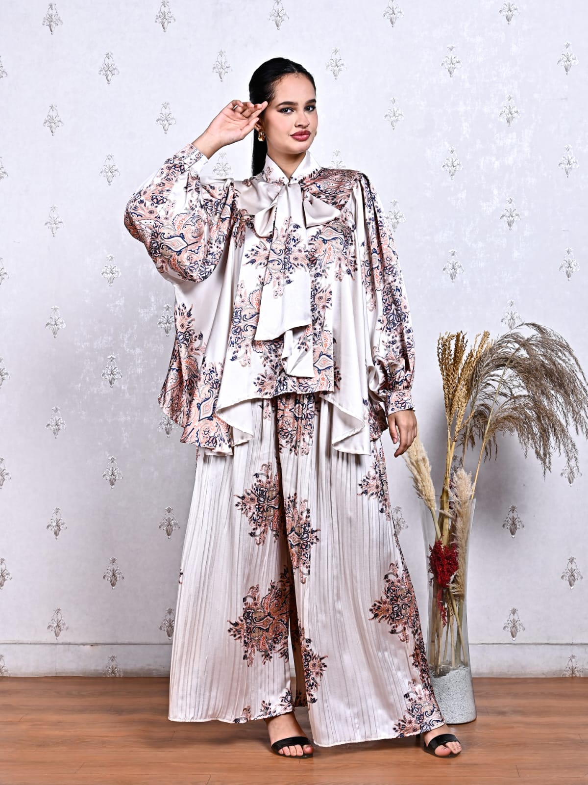 Elegant Satin Co-Ord Set with All-Over Print