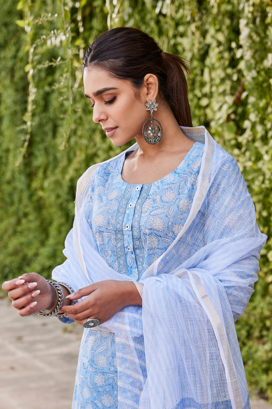 Light Blue Floral Hand Block Print Straight Kurta