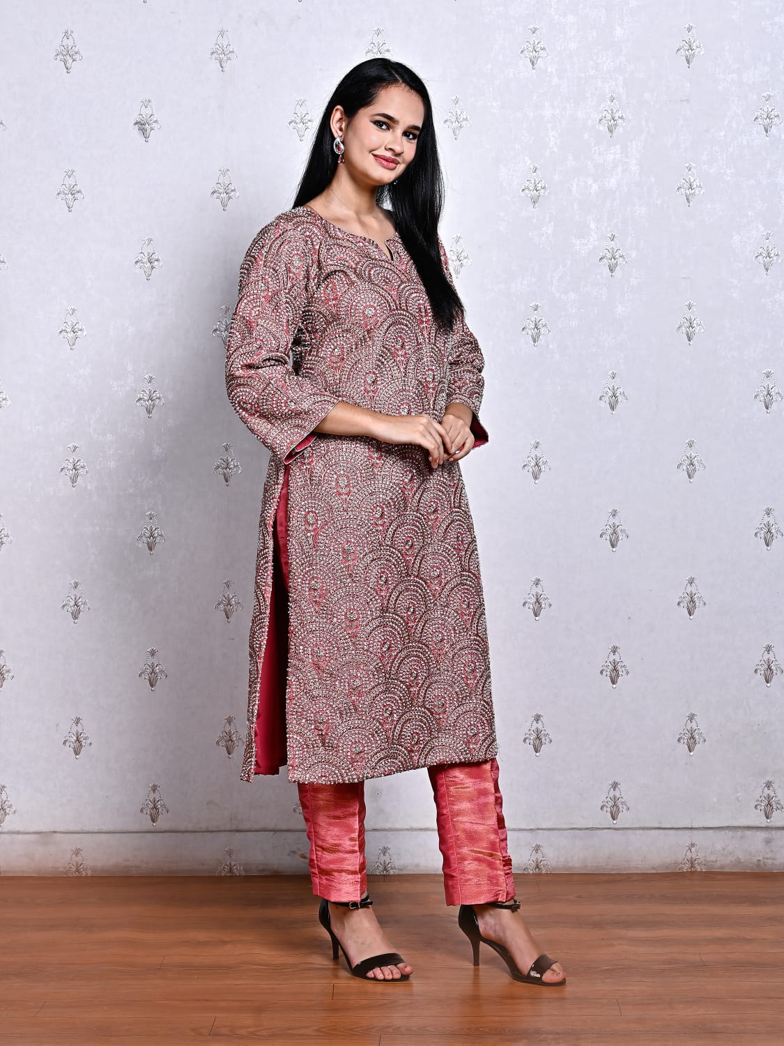 Pink Pure Tissue Hand Embroidered Suit with Tissue Pants & Dupatta