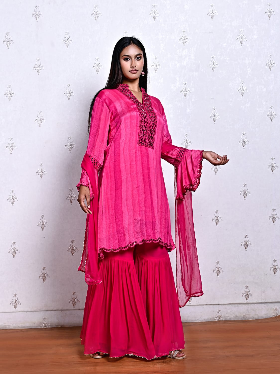 Women’s Pink Pure Chinon Kurta Sharara Set with Chiffon Dupatta