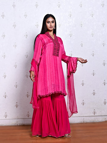 Women’s Pink Pure Chinon Kurta Sharara Set with Chiffon Dupatta