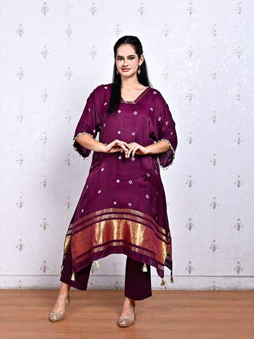 Purple Cotton Silk Bandhani Kurti with Pearl Neck Work & Pants