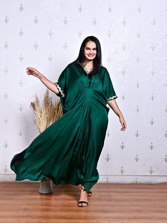 Emerald Green Dola Silk Kaftaan Style Gown with Embroidered Lace