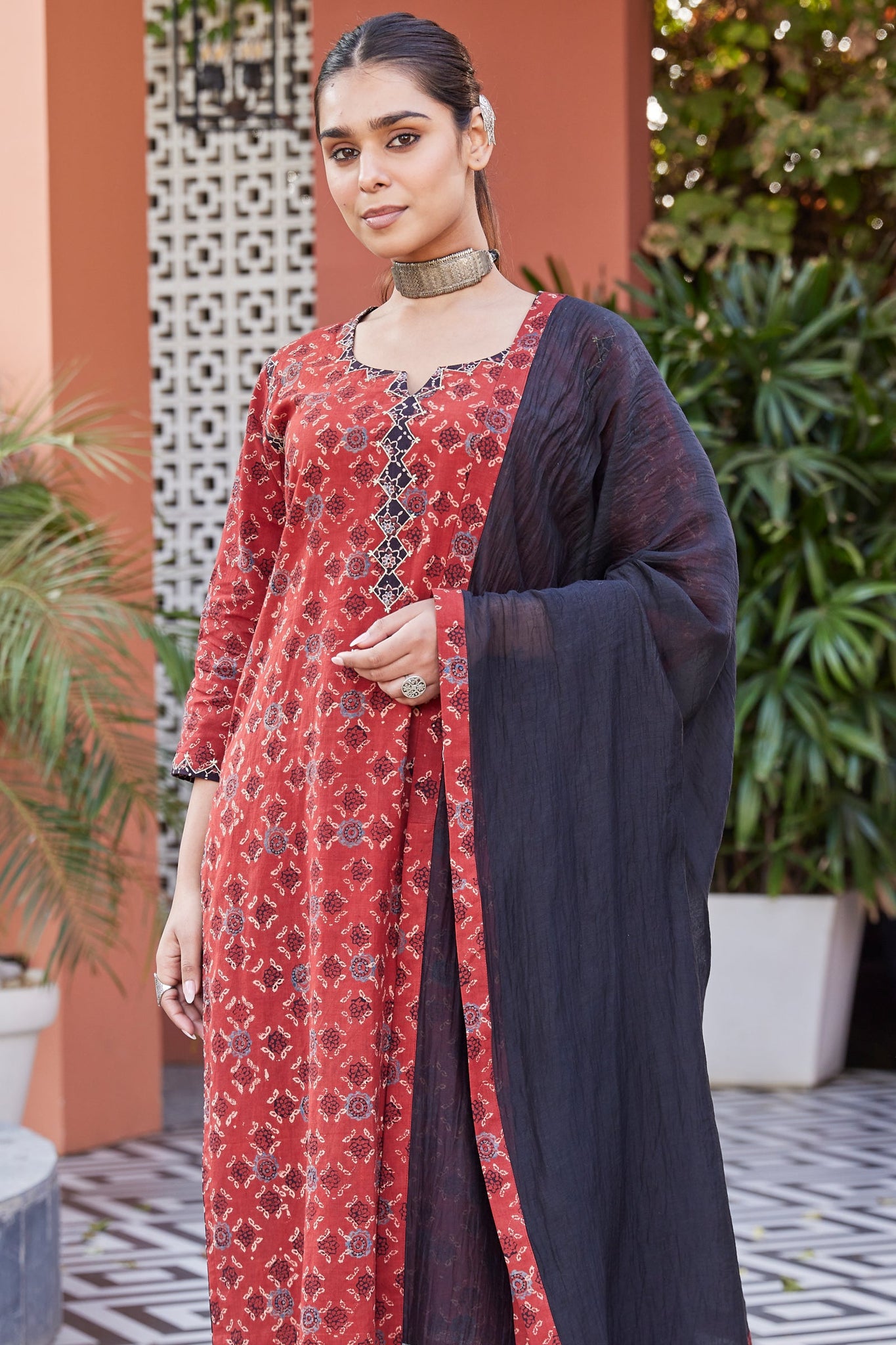 Solid Black Cotton Dupatta With Ajrakh Border