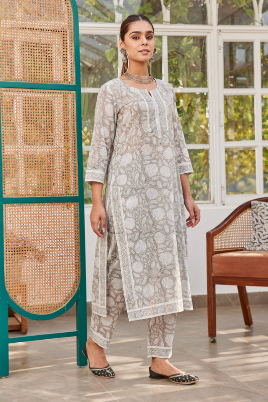 Grey Hand Block Print Long Kurta