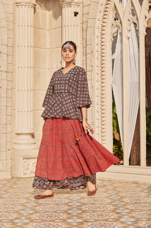 Dual Layered Ajrakh Print Flared Skirt