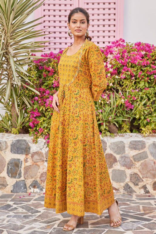 Mustard Ajrakh Print Maxi Anarkali