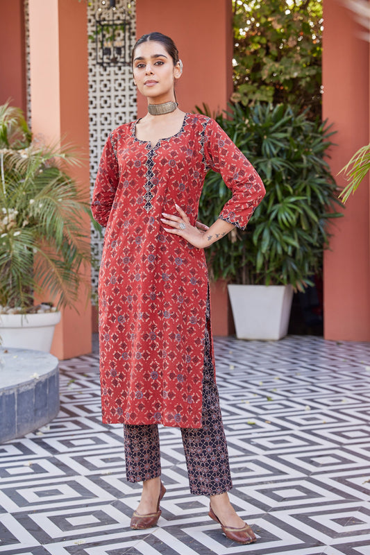 Embroidered Ajrakh Print Long Kurta