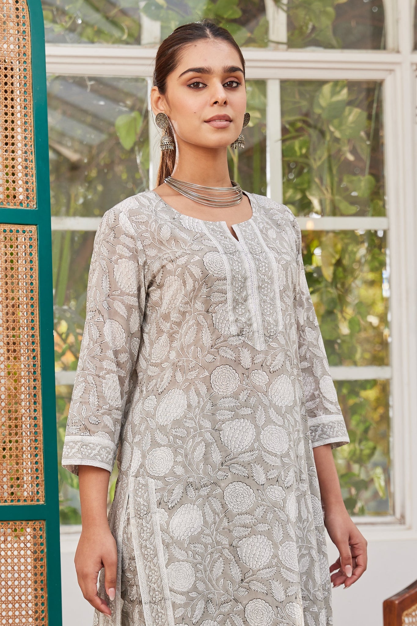 Grey Hand Block Print Long Kurta