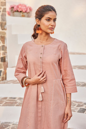 Solid Peach A-Line Cotton Dress