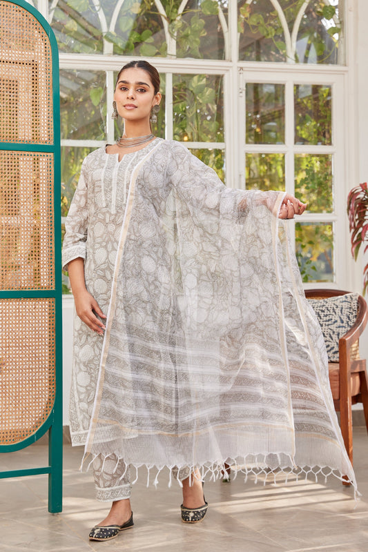 Grey Kota Cotton Hand Block Print Dupatta