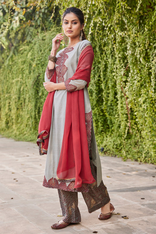 Solid Red Chiffon Dupatta With Gota Patti