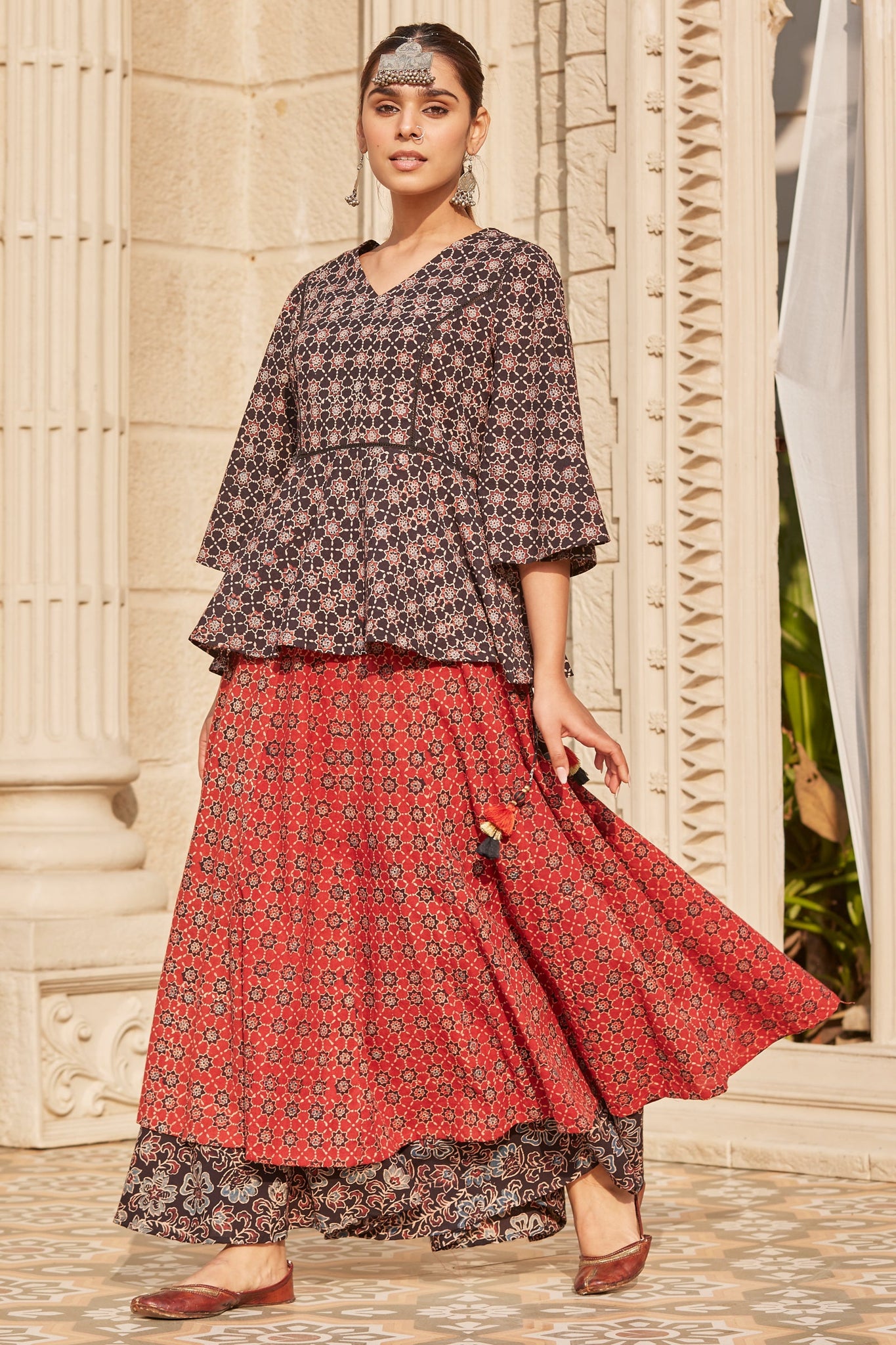 Dual Layered Ajrakh Print Flared Skirt