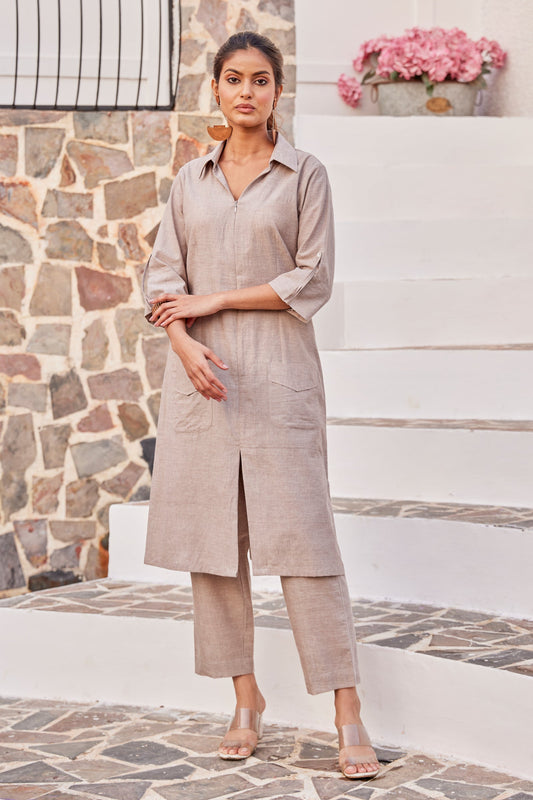 Solid Light Brown Handwoven Cotton Co-Ord Set