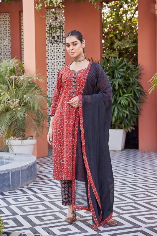 Solid Black Cotton Dupatta With Ajrakh Border