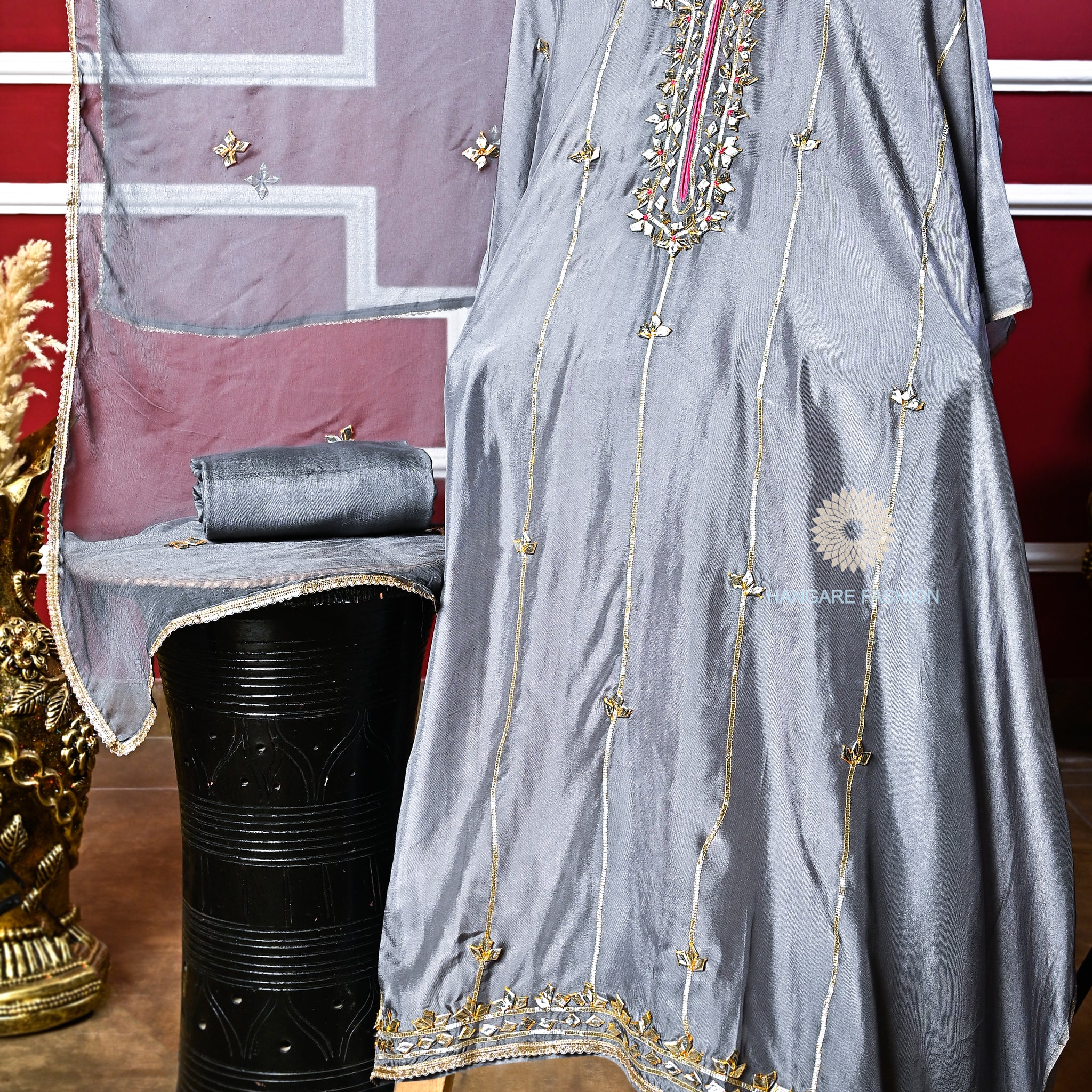 Elegant Grey Crepe Unstitched Suit with Gota Patti Work