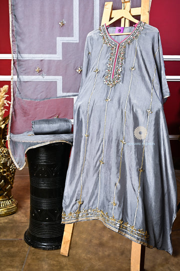 Elegant Grey Crepe Unstitched Suit with Gota Patti Work