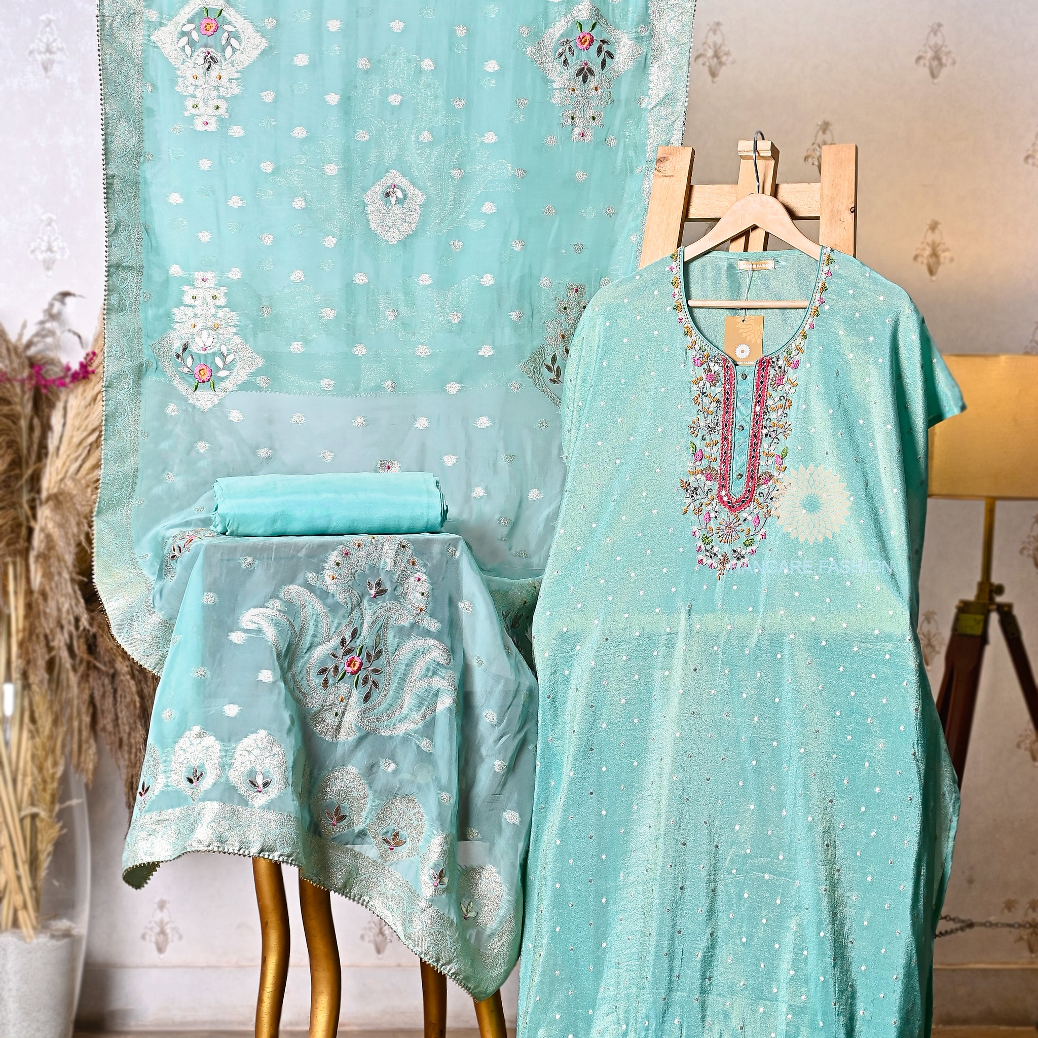 Elegant Aqua Blue Embroidered Tissue Suit with Banarsi Dupatta & Shantoon Bottom