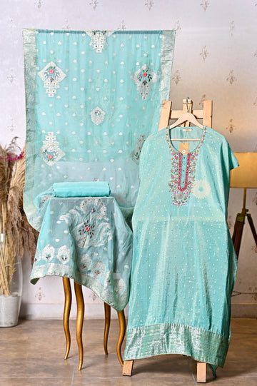 Elegant Aqua Blue Embroidered Tissue Suit with Banarsi Dupatta & Shantoon Bottom