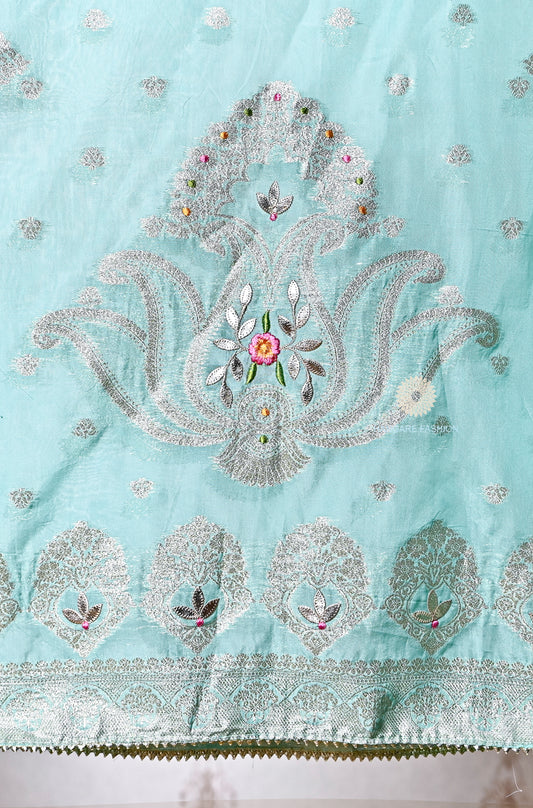Elegant Aqua Blue Embroidered Tissue Suit with Banarsi Dupatta & Shantoon Bottom