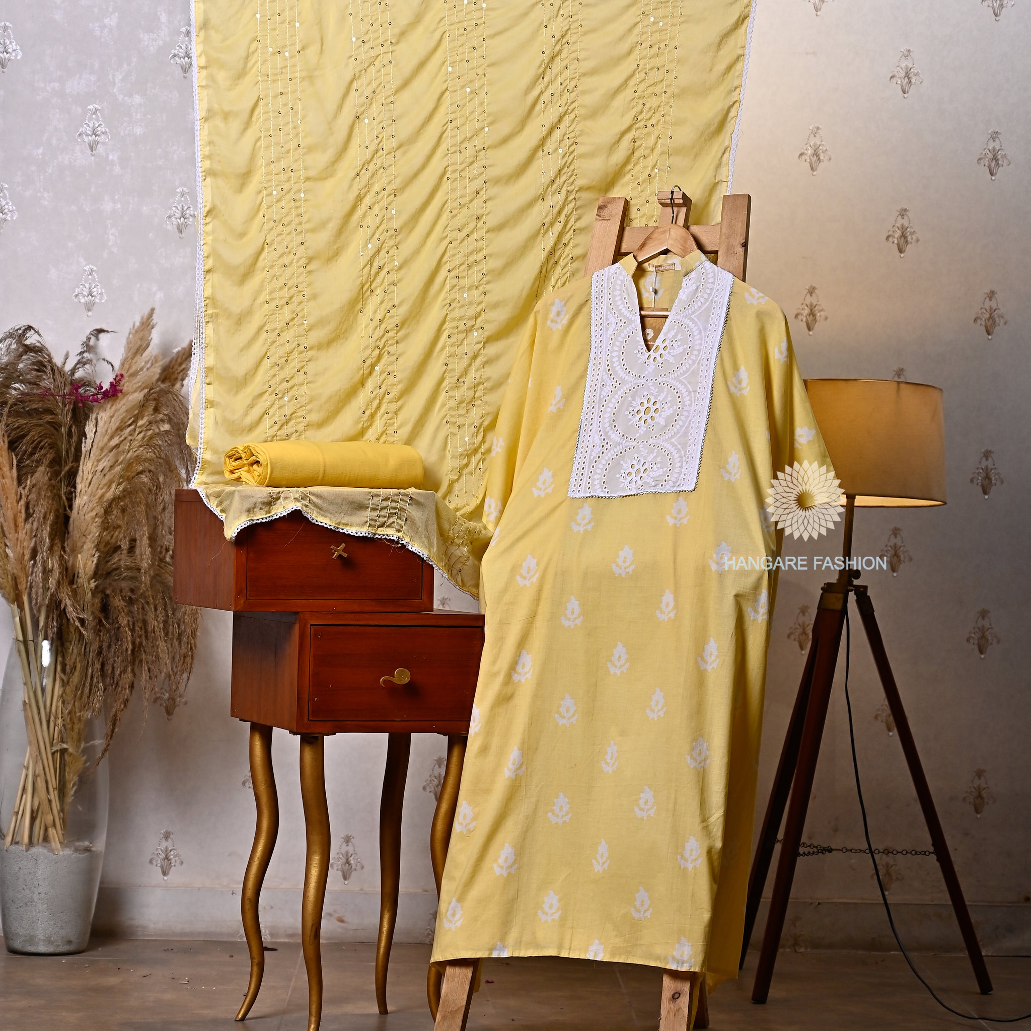 Sunny Yellow Mul Cotton Suit with Chiffon Dupatta & Cotton Bottom