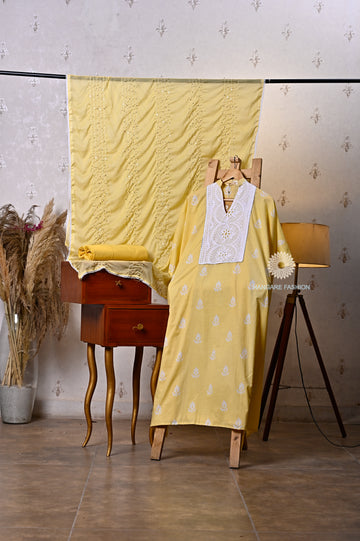 Sunny Yellow Mul Cotton Suit with Chiffon Dupatta & Cotton Bottom