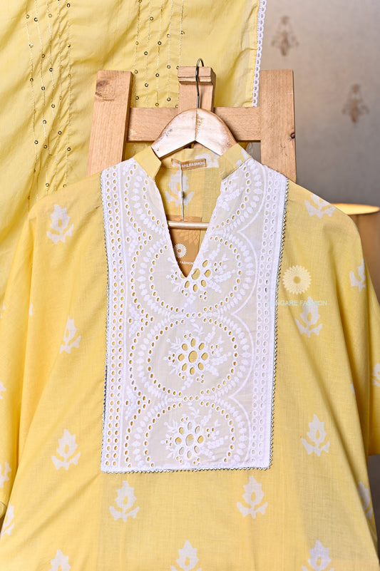 Sunny Yellow Mul Cotton Suit with Chiffon Dupatta & Cotton Bottom