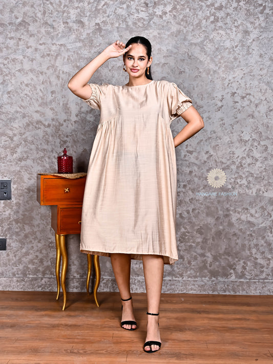 Champagne Beige Cotton Silk Midi Dress with Puff Sleeves
